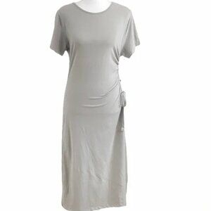 UCHUU GREY BEIGE SHORT SLEEVE ONE SIDE SLIT DRAWSTRING DETAIL SHIFT MAXI DRESS